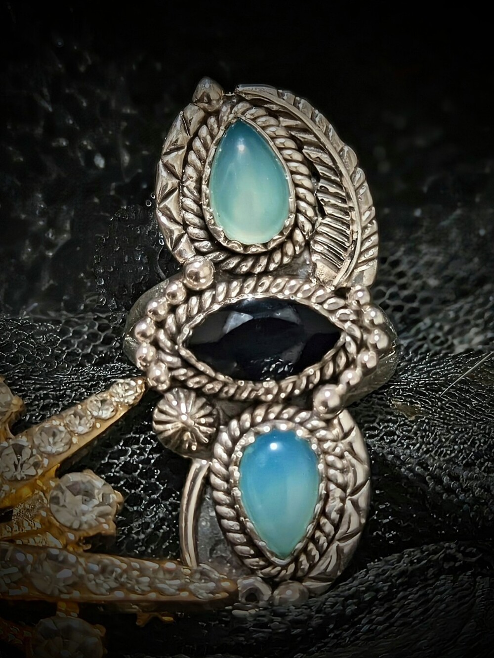 3 Stone Blue Chalcedony And Black Onyx Statement Ring